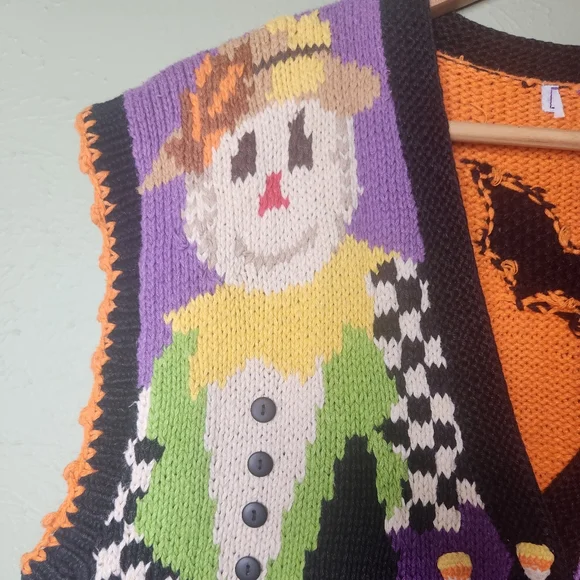 Vintage Halloween Sweater Vest XL Hand Knit Witchy Scarecrow Kitschy Teacher - Picture 2 of 11